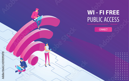 Isometric People working on laptops sitting on a big wifi sign in the free internet zone. Free wifi hotspot, public assess zone, portabe device concept background. Vector 3d Illustration, landing page