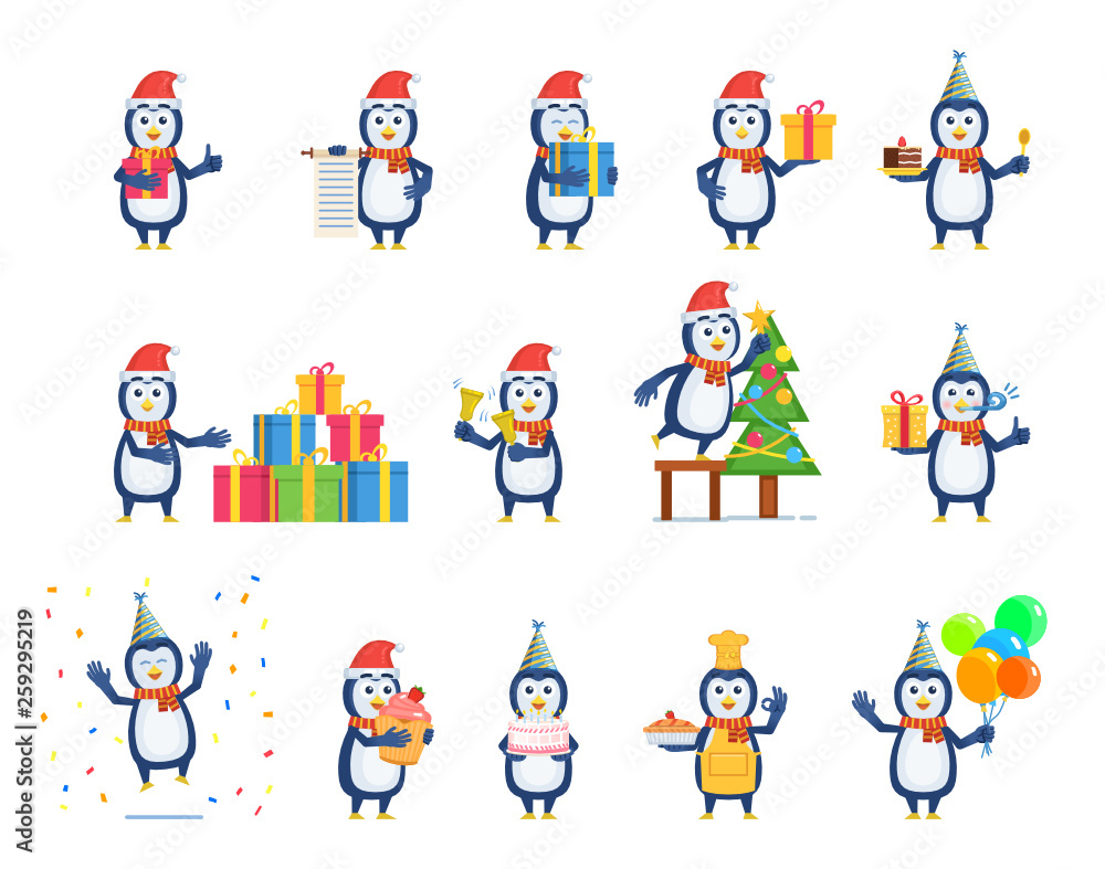 Big set of penguin characters posing in different situations. Cheerful penguin holding gift, cake, pie, cupcake, balloons, decorating Christmas tree and doing other actions. Flat vector illustration Big set of penguin characters posing in different situations. Cheerful penguin holding gift, cake, pie, cupcake, balloons, decorating Christmas tree and doing other actions. Flat vector illustration