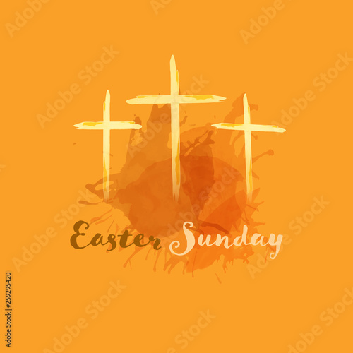 Christian worship and praise. Crosses in watercolor style. Text : Easter Sunday