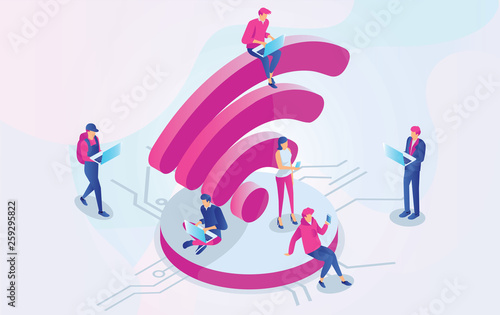 Isometric People working on laptops sitting on a big wifi sign in the free internet zone. Free wifi hotspot, public assess zone, portabe device concept background. Vector 3d Illustration - Vector photo