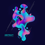 Abstract trendy fluid shape bright gradient colors on dark background. Diagonal white lines and liquid or ink drops design element with Copy Space.