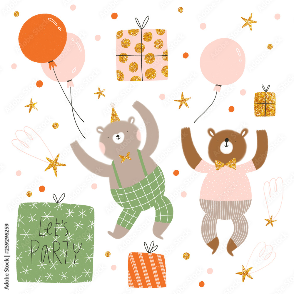 Fototapeta premium Birthday with teddy bears isolated illustrations set