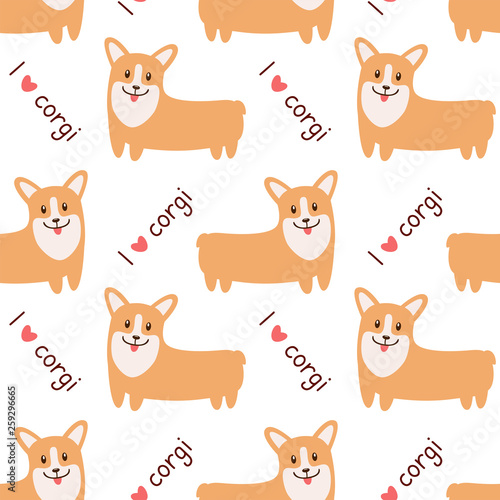 Cute welsh corgi seamless pattern. Animal cartoon illustration. Flat cartoon design. Funny dog character, vector illustration.