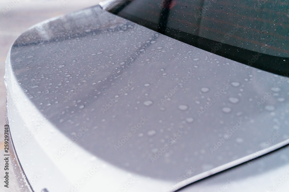 Water droplet on the car hood. Water beading after rain or car wash on white shiny paint surface