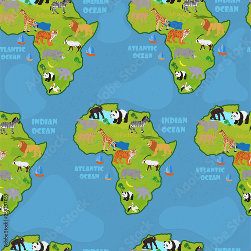 Seamless vector pattern with animals on the map of Africa