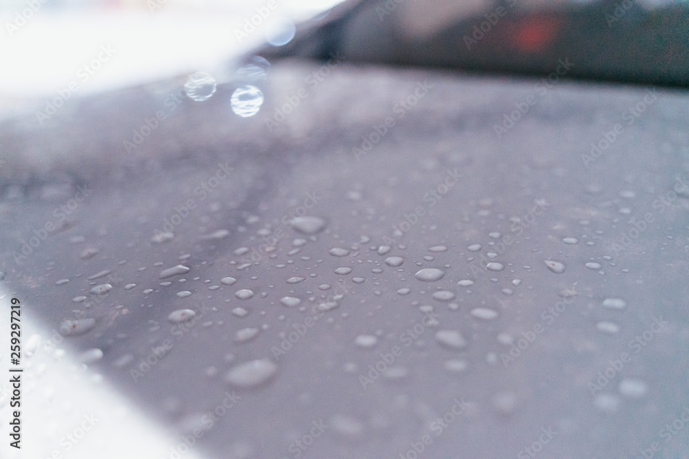 Water droplet on the car hood. Water beading after rain or car wash on white shiny paint surface