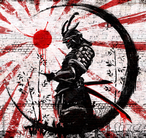 Canvas Print Graffiti on a brick wall of a Japanese warrior in an ink circle with a red sun