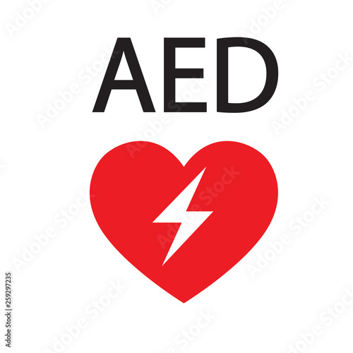 AED,automated external defibrillator / aed sign with heart and electricity symbol flat vector icon