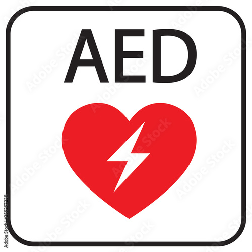 AED,automated external defibrillator / aed sign with heart and electricity symbol flat vector icon