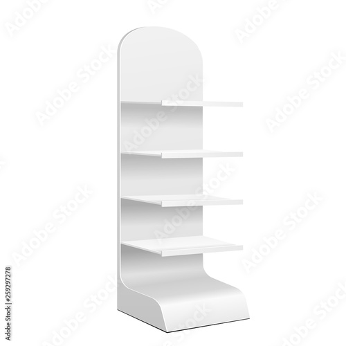Blank Empty Showcase Displays With Retail Shelves, Trading Rack. Mock Up, Template. Illustration Isolated On White Background. Ready For Your Design. Product Advertising. Vector EPS10.