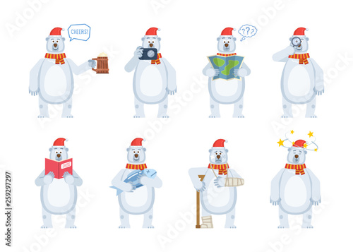 Set of Christmas polar bear characters posing in different situations. Cheerful bear holding mug of beer, photo camera, map, book, fish, magnifier, injured, dizzy. Flat style vector illustration