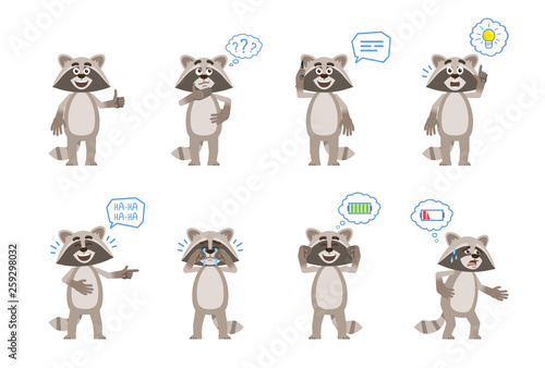 Set of cartoon raccoon characters posing in different situations. Cheerful raccoon talking on phone, thinking, pointing up, laughing, crying, tired, full of energy. Flat vector illustration