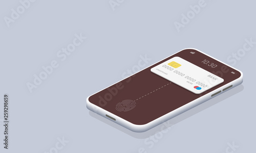 Online payment isometric concept. Vector icon mobile phone. Application landing template. Office business concept. Credit card icon set. Online payment service. Vector technology 3d illustration.