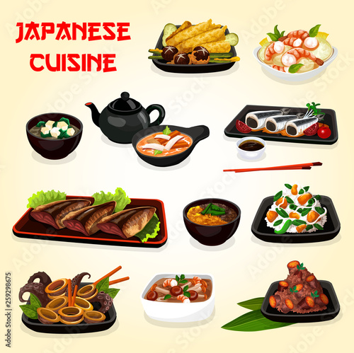 Japanese seafood, veggies dishes with asian sauces