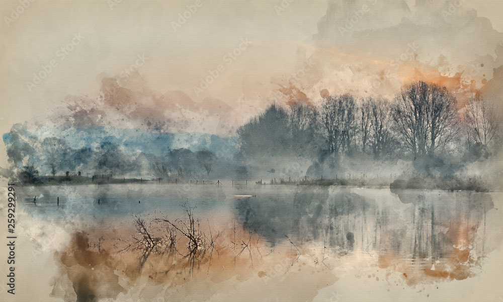 Watercolour painting of Landscape of lake in mist with sun glow at sunrise