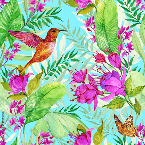 Seamless pattern floral background with exotic flowers and Hummingbird birds,watercolor illustration © Nikolai
