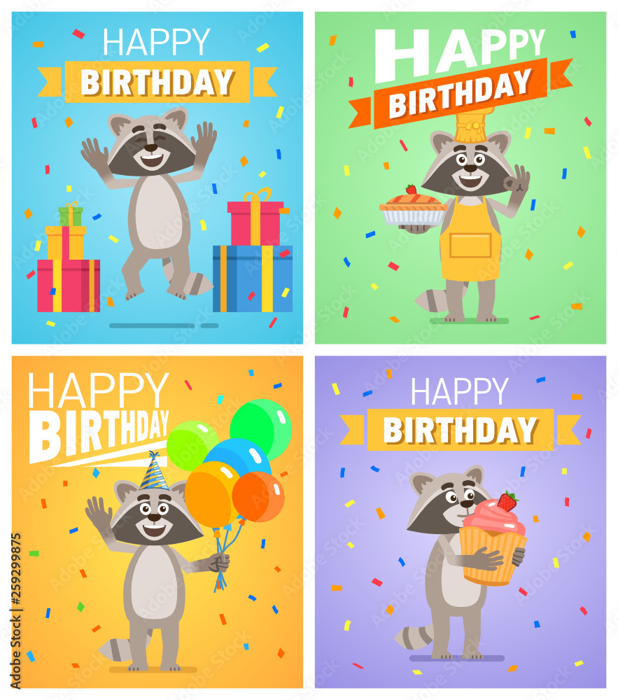 Fototapeta premium Set of different birthday posters. Birthday greeting card, placard. Cheerful cartoon raccoon character holding balloons, cake, pie, cupcake. Birthday celebration. Flat vector illustration