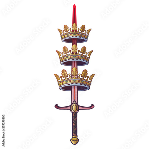 A sword piercing tree crowns.