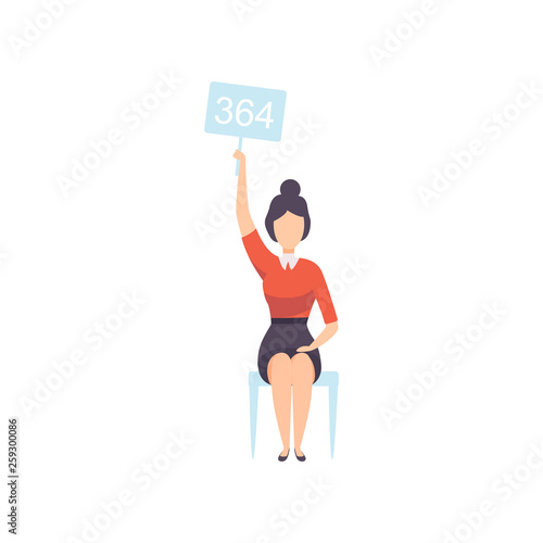 Young Woman Bidding in Public Auction House, Businesswoman Sitting on Chair and Raising Paddle with Number to Buy Piece of Art Vector Illustration