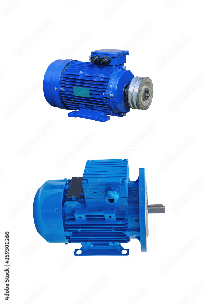view of two modern common-purpose electric motor isolated on white background view of two modern common-purpose electric motor isolated on white background