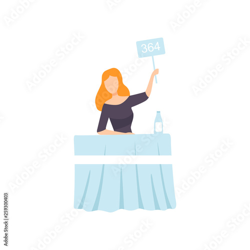 Businesswoman Bidding in Public Auction House, Female Bidder Raising Paddle with Number to Buy Piece of Art Vector Illustration
