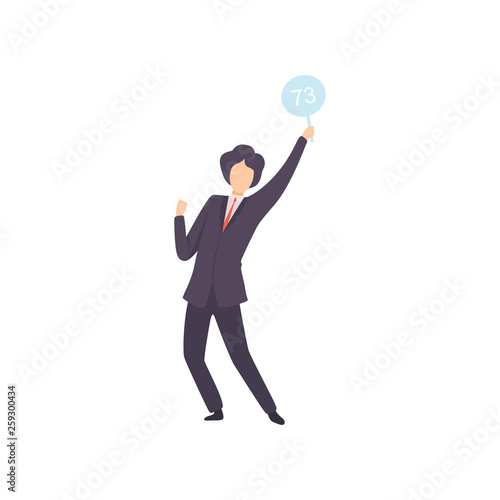 Businessman Bidding in Public Auction House, Male Bidder Standing and Rising Raising Auction Paddle with Number to Buy Piece of Art Vector Illustration