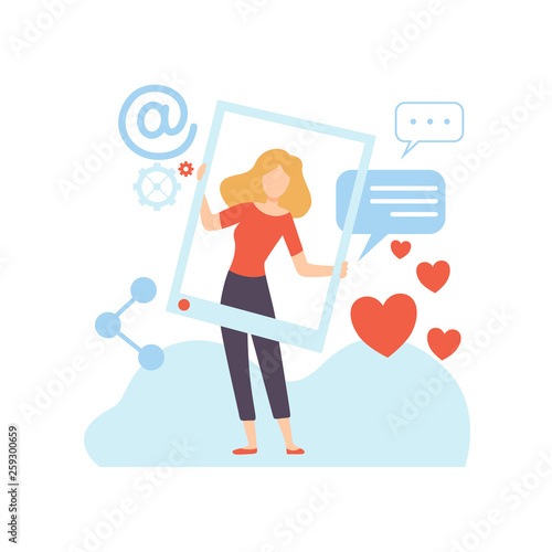 Woman Blogger Creating Digital Content, Technology Process of Software Development Vector Illustration