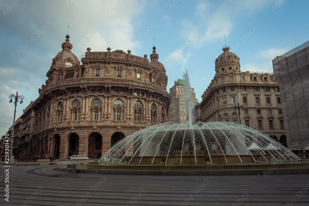 The fountain in Piazza De Ferrari in Genoa squirts water