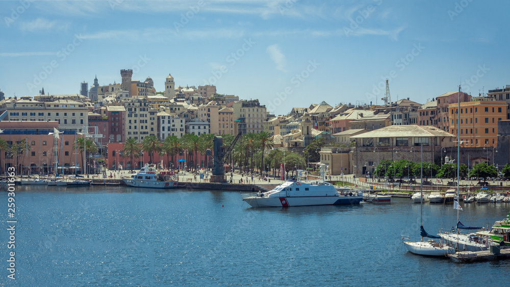 Harbor of Genoa. Porto Antico, Il Bigo. Liguria, Italy. Old harbor of Genoa. The port area was redeveloped by Italian architect Renzo Piano.