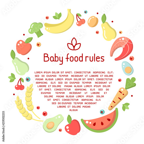 Round frame concept with baby food elements and sample text on white background. Flat style vector illustration