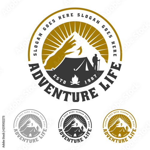 Mountain logo, camping and hiking emblem design, adventure life