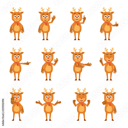 Set of cartoon reindeer characters showing different hand gestures. Cheerful reindeer showing thumb up gesture, waving, greeting, pointing and other hand gestures. Flat vector illustration