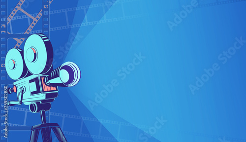 Glowing neon cinema festival poster or banner background. Colorful 3d style movie camera with film spotlight. Sale cinema theatre tickets, movie time and entertainment concept. Vector EPS 10