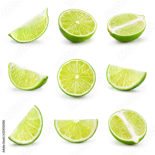 Lime isolated on white. Collection: lime slice, piece, half, quarter, part, segment, section.