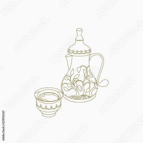 Editable Isolated Outline Style Arab Coffee in Patterned Bulbous Bottom Dallah Pot and Finjan Cup Vector Illustration for Cafe With Middle Eastern Culture Tradition and Islamic Moments Design