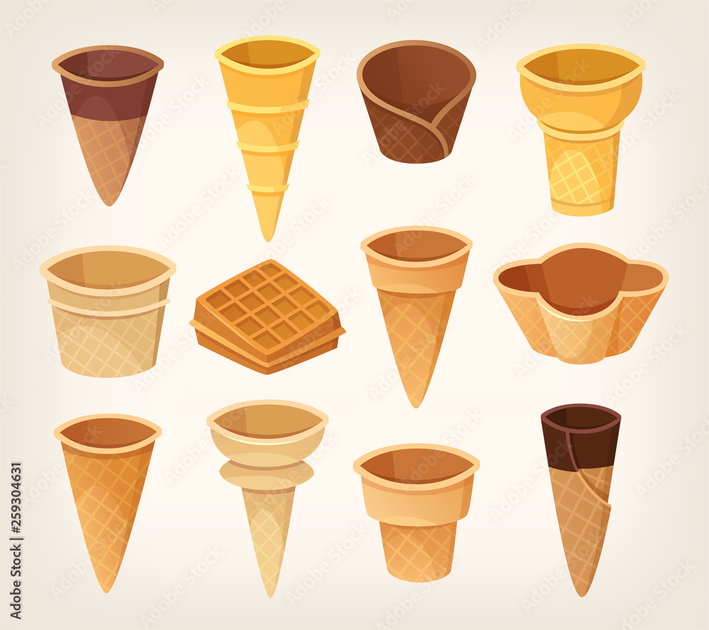 Variations of waffle cups and cones for ice cream. Isolated vector images. Variations of waffle cups and cones for ice cream. Isolated vector images.