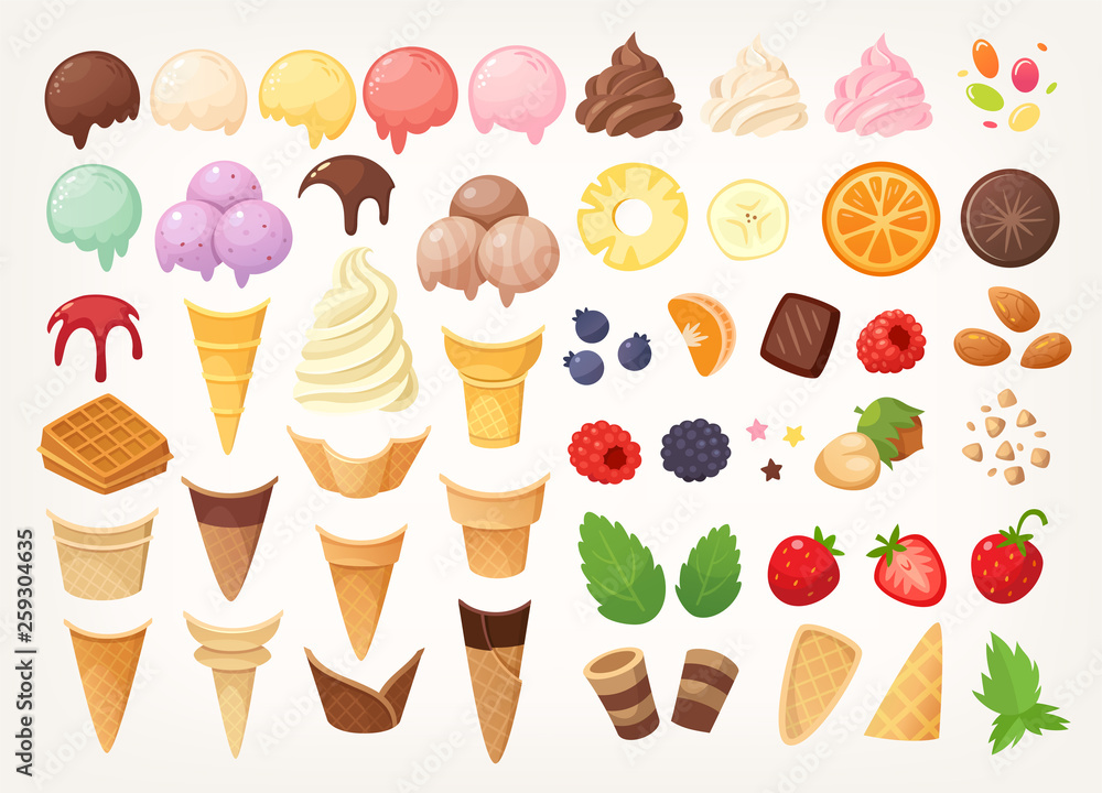 Elements to create your own ice cream. Ice cones, cups, scoops and toppings. Isolated vector images - obrazy, fototapety, plakaty 