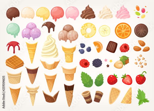 Elements to create your own ice cream. Ice cones, cups, scoops and toppings. Isolated vector images photo