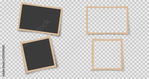 Set of vintage photo frame with retro figured edges on transparent background. Old photo card icon. Template photo design.