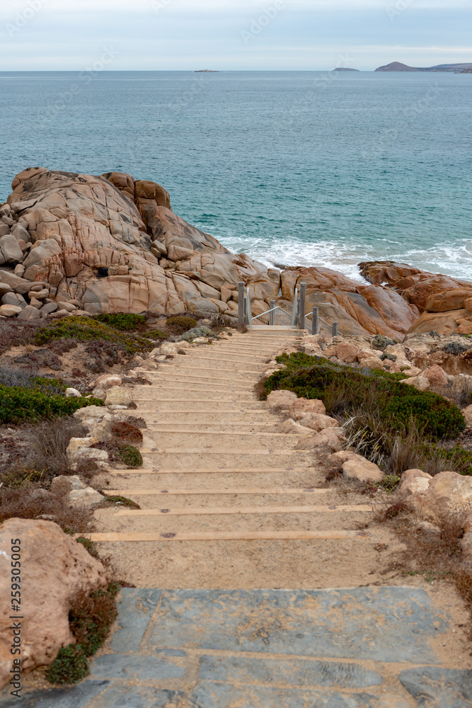 The staircase leading down to the sand at Knights beach located at Port Elliot on the fleurieu peninsula south australia on 3rd april 2019