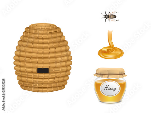 Flowing honey, glass jar with fabric cover, beehive and bee insect 3d realistic vectors. Beekeeping industry objects set isolated on gradient background. Natural, organic food product illustration