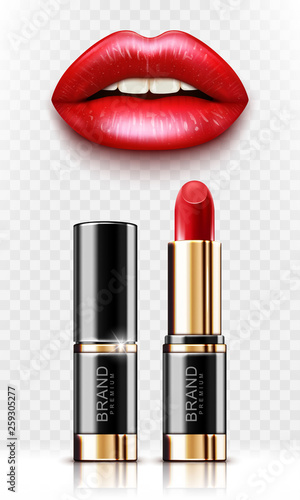 Red lipstick and lips in red color isolated on transparent background