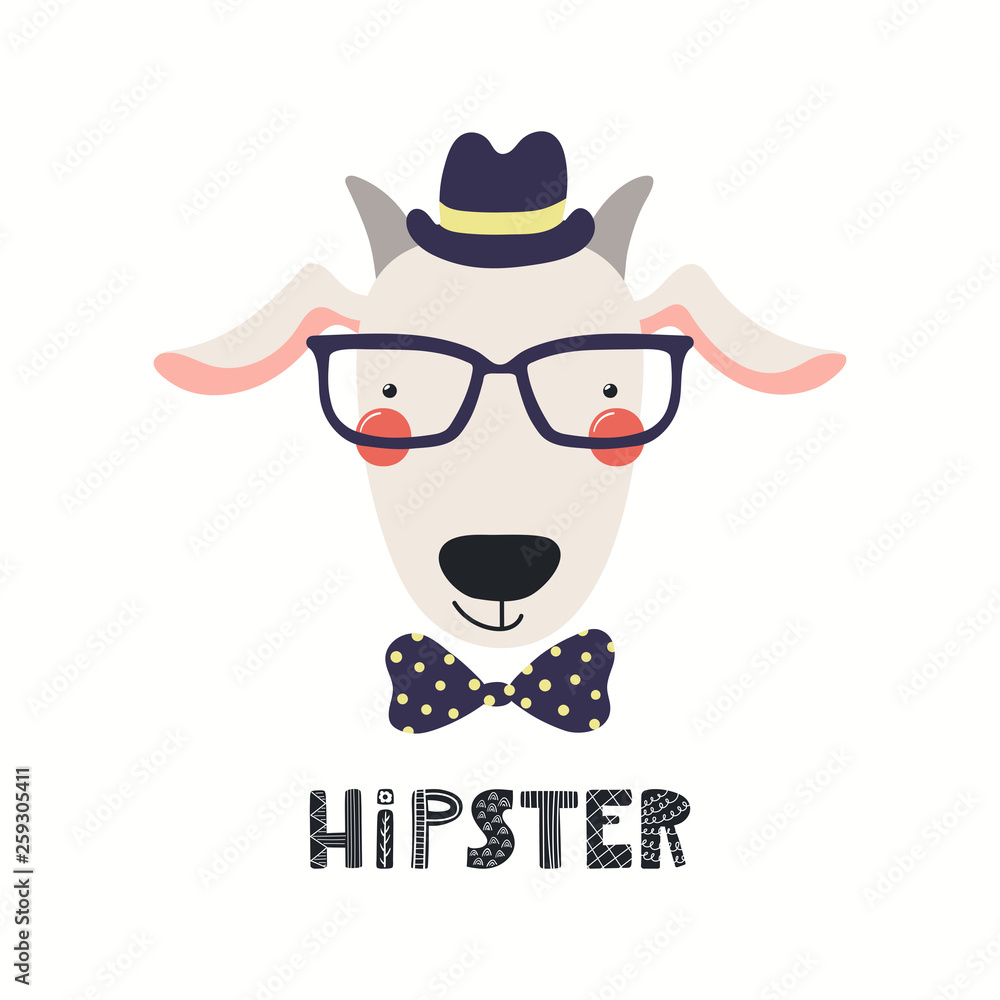 Hand drawn vector illustration of a cute hipster goat in glasses, with lettering quote Hipster. Isolated objects on white background. Scandinavian style flat design. Concept for children print.
