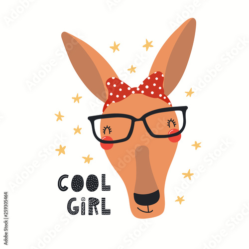 Hand drawn vector illustration of a cute hipster kangaroo in glasses, with lettering quote Cool girl. Isolated objects on white background. Scandinavian style flat design. Concept for children print.