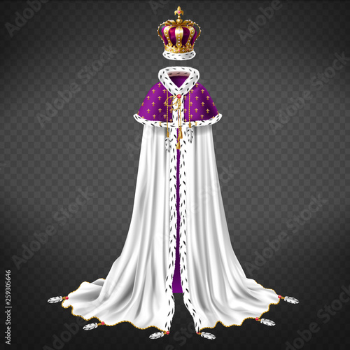 Royal ceremonial garment realistic vector with queen, king golden crown decorated gems, white cape and purple mantle with ermine fur and golden cord illustration isolated on transparent background