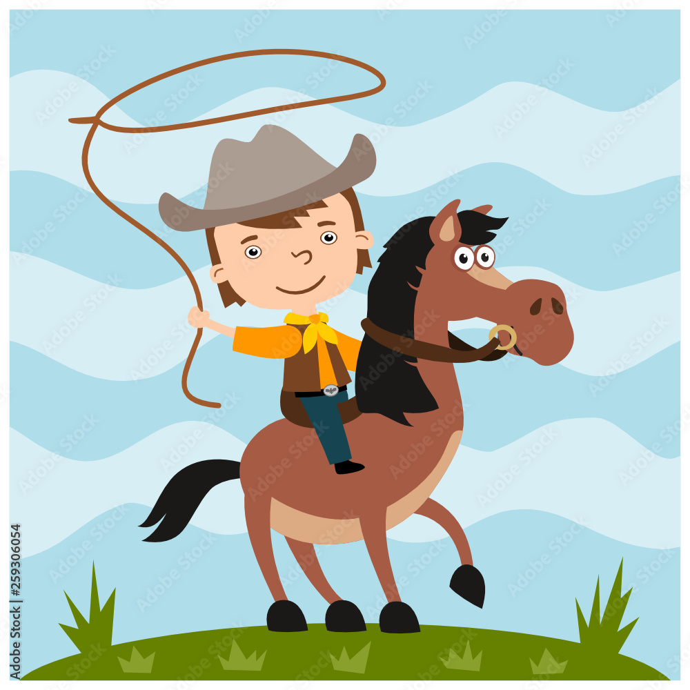 Funny boy in cowboy costume riding a horse spins a lasso Funny boy in cowboy costume riding a horse spins a lasso