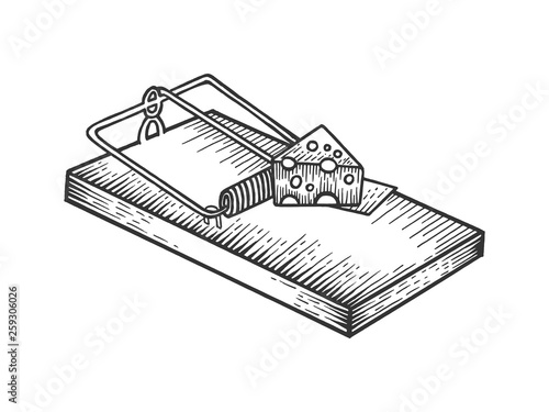 Mousetrap with cheese sketch engraving vector illustration. Scratch board style imitation. Black and white hand drawn image.