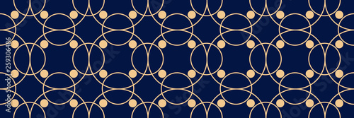 Geometric seamless pattern. Golden design on long dark blue background