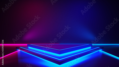 Triangle stage with and and purple neon light ,abstract fustic background,ultraviolet concept,3d render