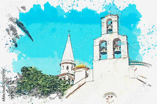 Watercolor sketch or illustration of the view of the Orthodox Church in Montenegro. photo